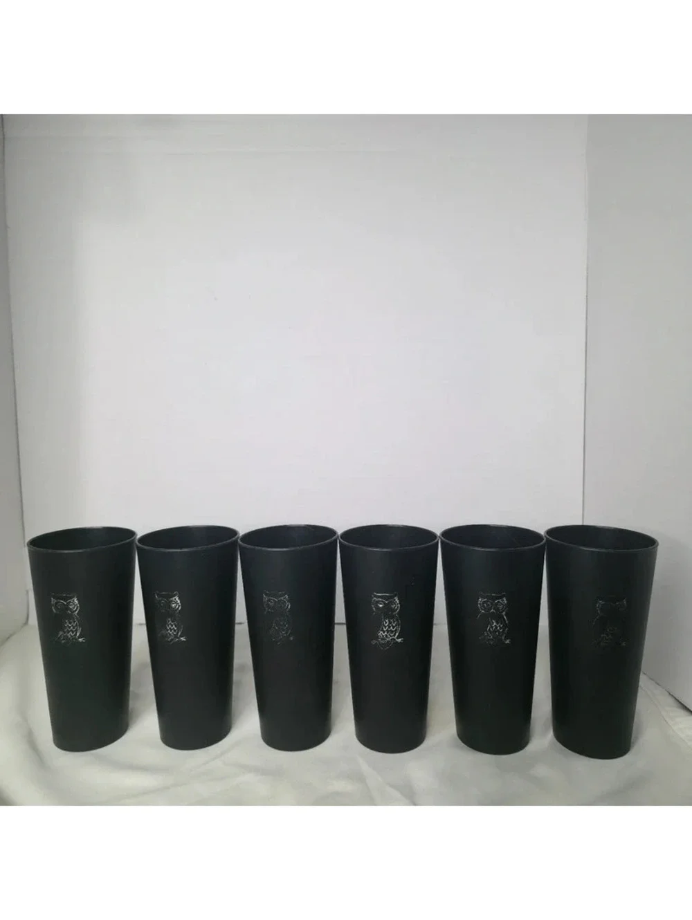 Vintage 1970s Black Owl Plastic Tumblers Set of 6 Retro MCM Gold Owl